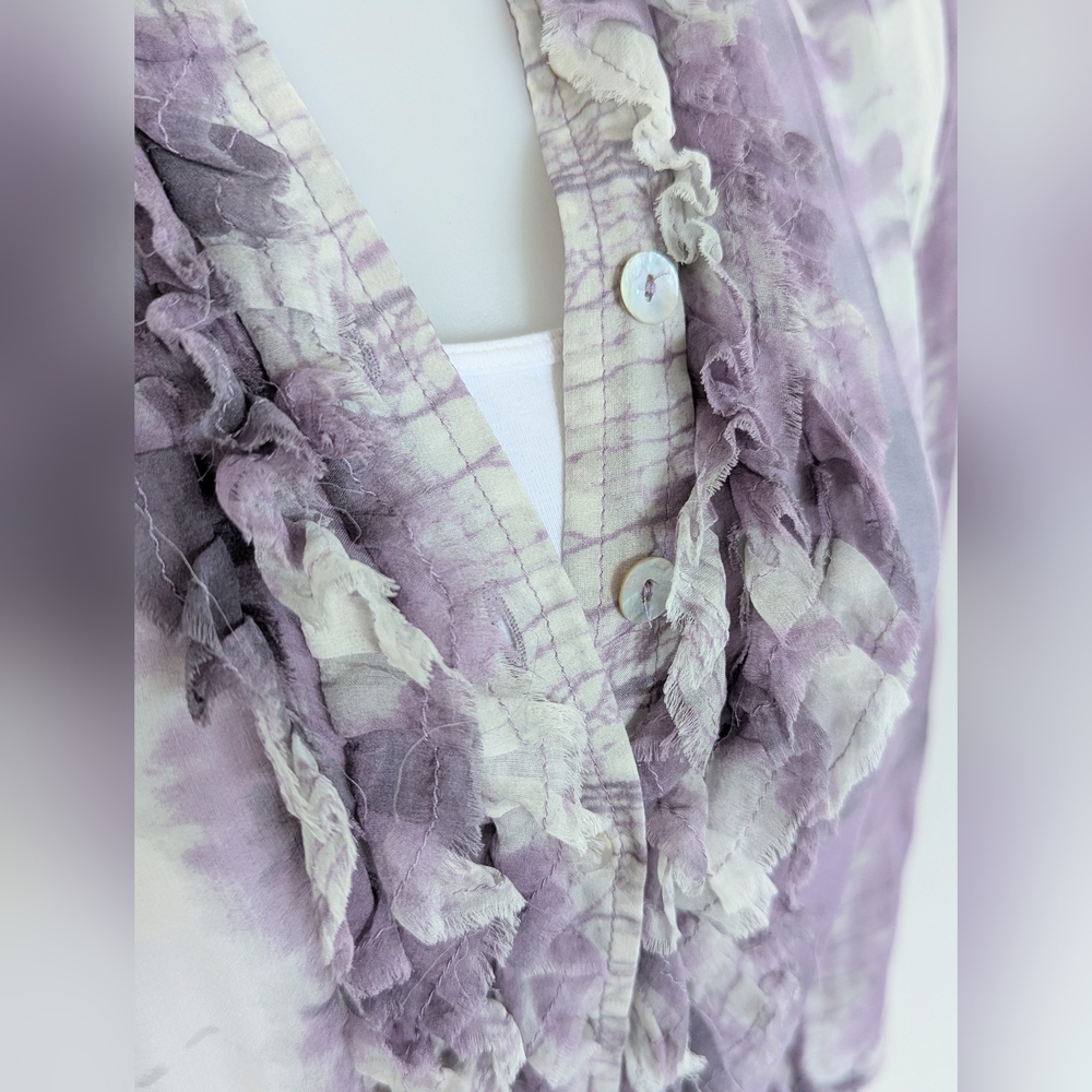 DA-NANG Silk Long Sleeve Tie Dye Blouse with Ruffle Front, Purple/Light Grey;SzM - Picture 2 of 10